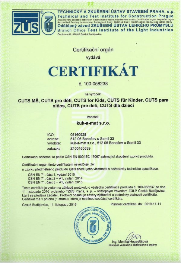 Certifikát ZÚS pre hlavolamy Cuts - bezpečný hračka | Cuts-hlavolam.sk