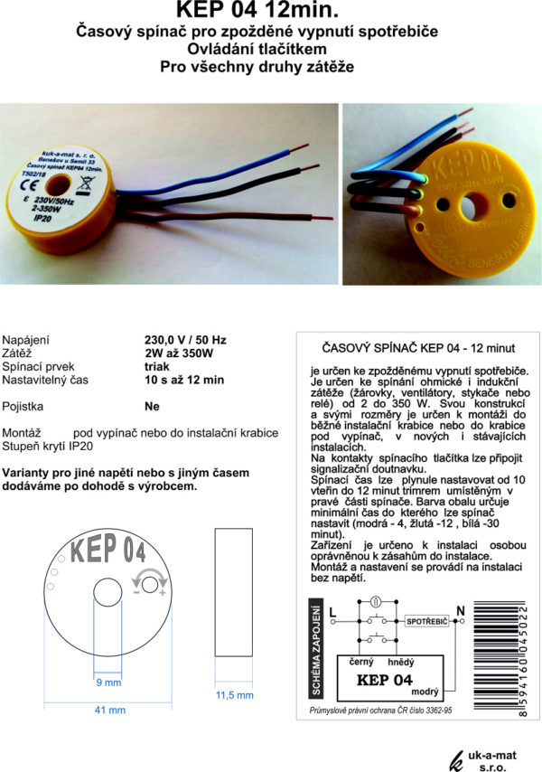 Časový spínač KEP04, žltý, časový spínač pre spotrebiče a svetla, 12 minút, schéma a návod